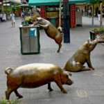 Three bronze pigs in Rundle Mall